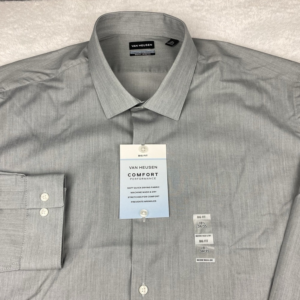 Van Heusen Dress Shirt Mens 18.5-34/35 BIG Fit Concrete Gray Stretch New w/Tags!